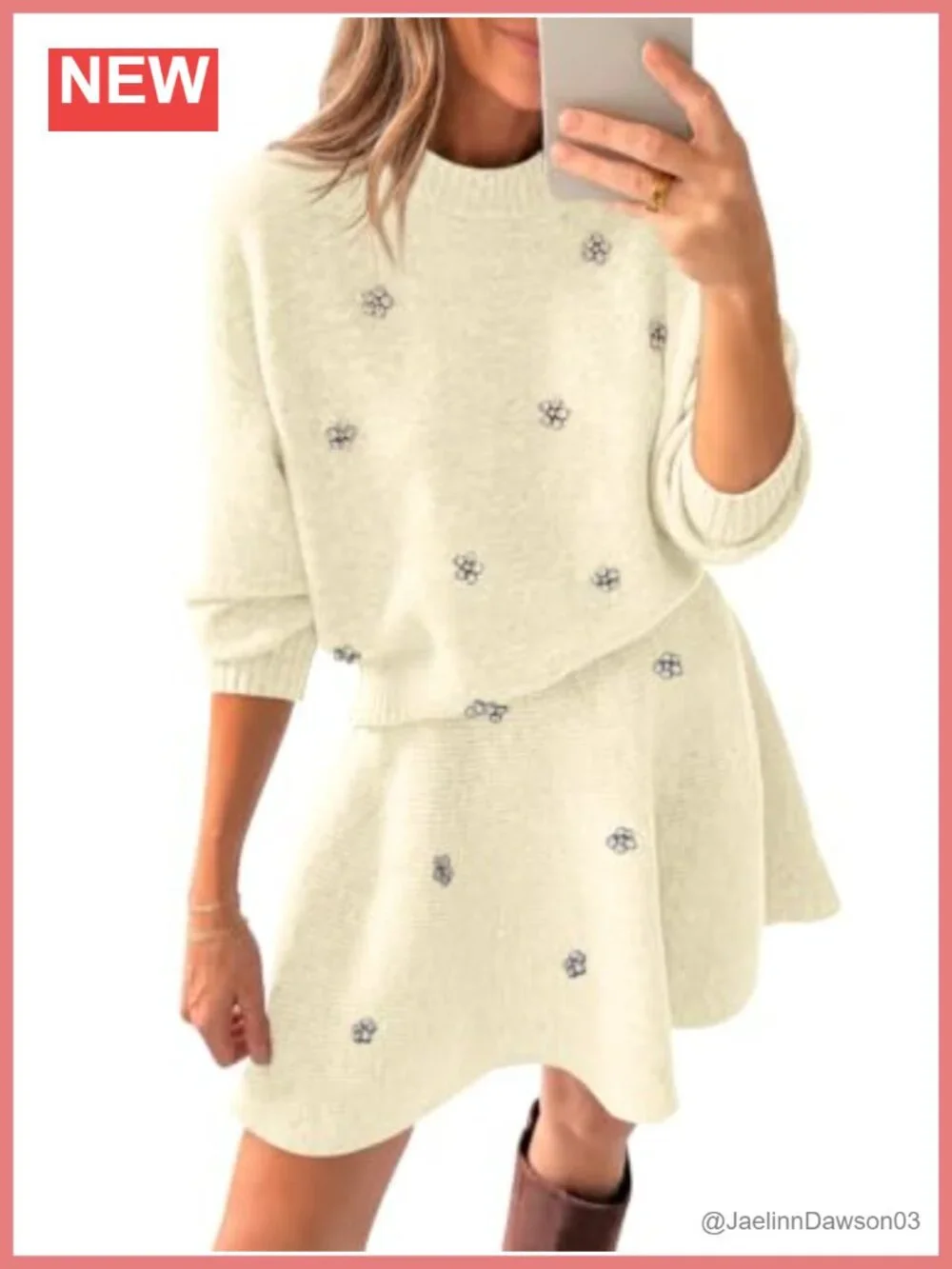 Womens 2 Piece Knit Sweater Skirt Set Long Sleeve Crew Neck Top Rhinestones Fall